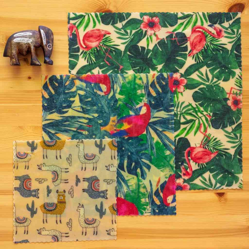 3 bee wraps taille S M L, collection "Vie sauvage" de L'abeille qui emballe: motifs Lamas; perroquets; flamands roses
