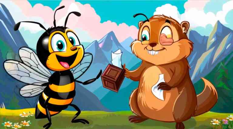 Marmotte et abeille enveloppant un carré de chocolat avec un bee wrap