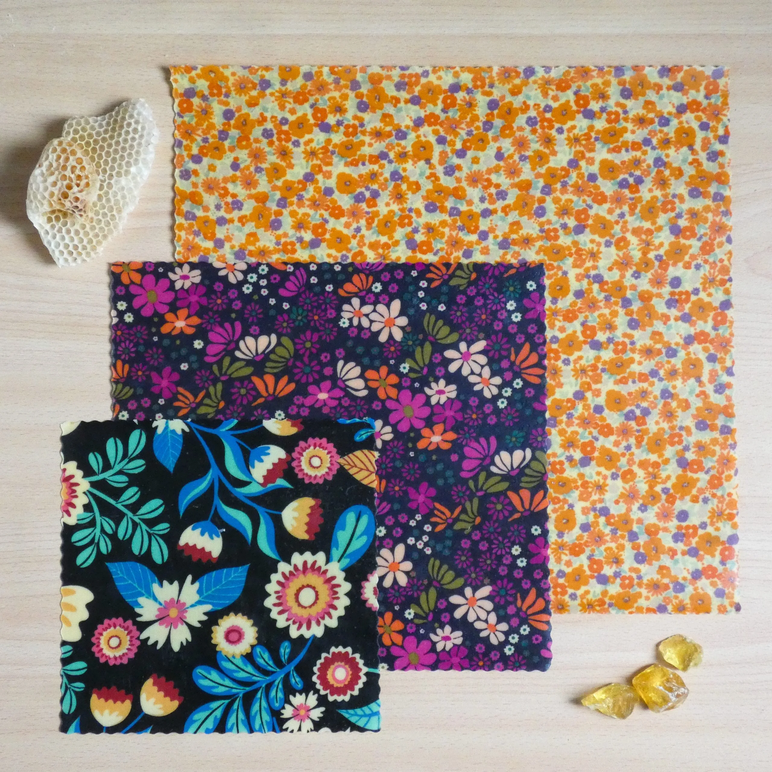 Pack "Découverte" de 3 bee wraps taille Small, Medium et Large, collection "Fleurs des champs" - L'abeille qui emballe