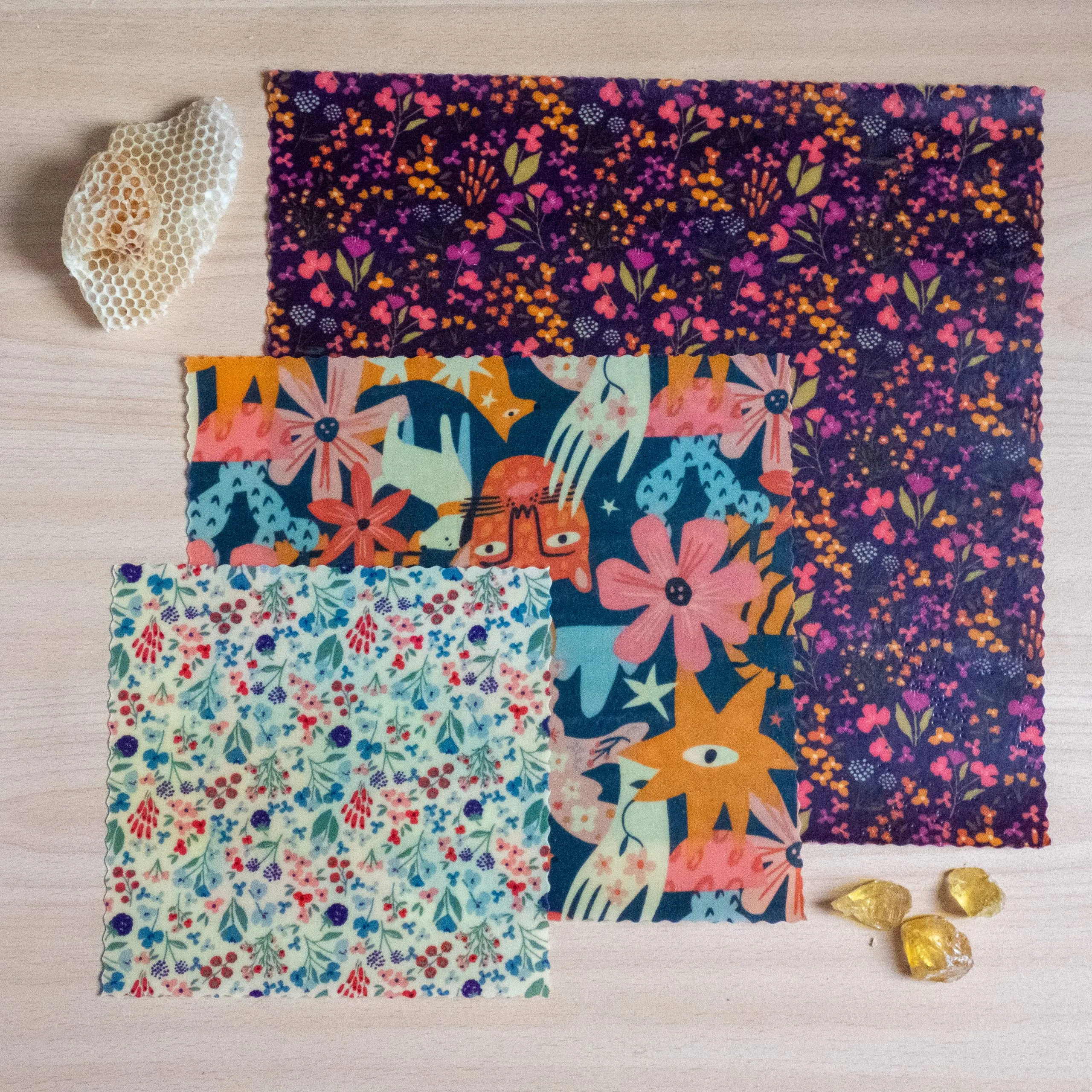 Pack "Découverte" de 3 bee wraps taille Small, Medium et Large, collection "Fleurs des champs" - L'abeille qui emballe