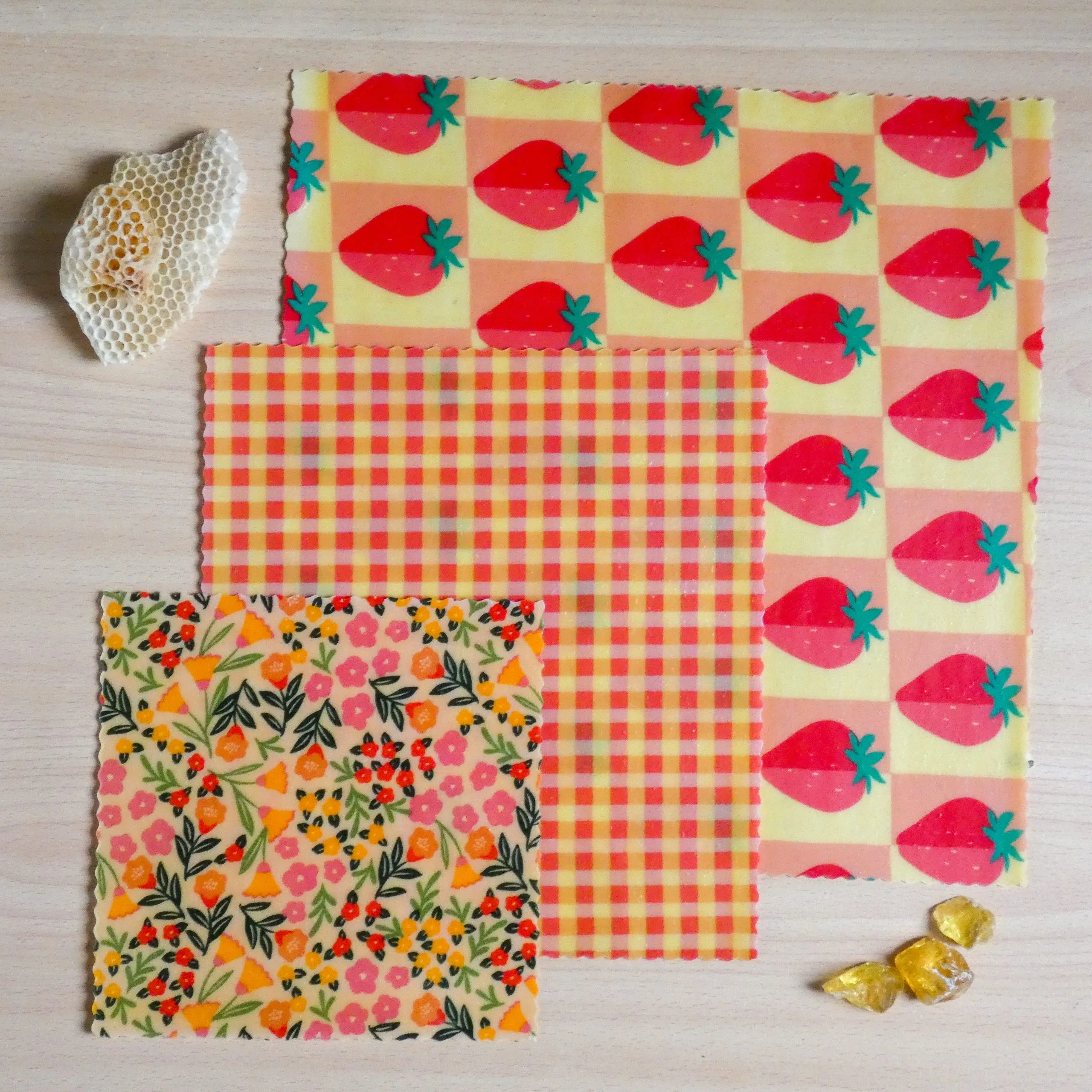 Pack "Découverte" de 3 bee wraps taille Small, Medium et Large, collection "Pique-nique" - L'abeille qui emballe